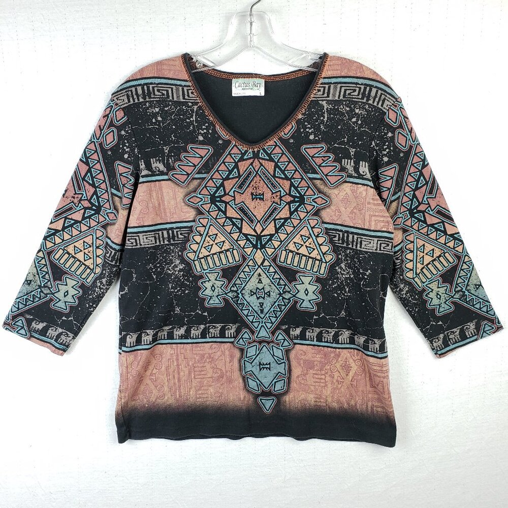 Vintage Y2K Cactus Bay Top Tee Shirt Aztec Western Print Bedazzled Bling size L